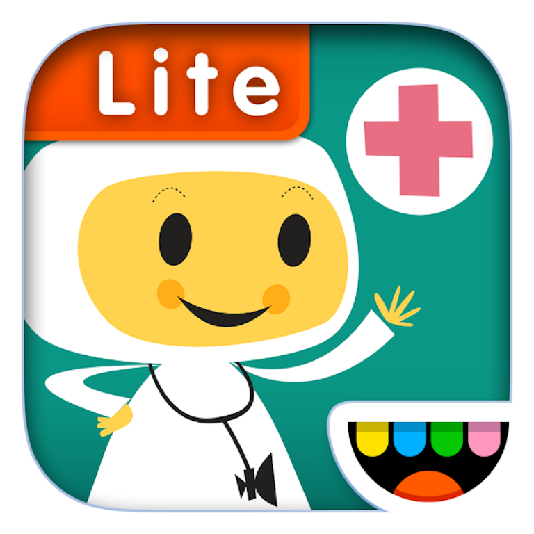 This is the app icon for Toca Doctor Lite. It features a yellow character in a white doctors uniform and a round circle with a red cross on a teal background