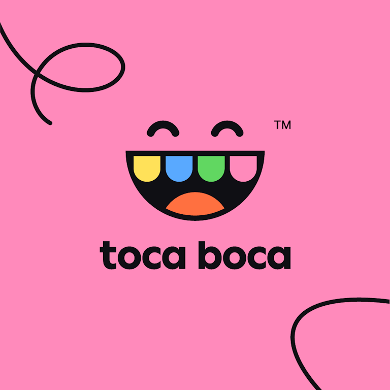 This is an image of Toca Boca's Studio logo set on a vibrant pink background. The Toca Boca logo is a kawaii-inspired emoji mouth with four vibrant pastel colored teeth and cheeky squinty eyes above which are like an upside down half circle. There is a small trademark to the right of the logo and there are some gestures on the top left and bottom right of the image.