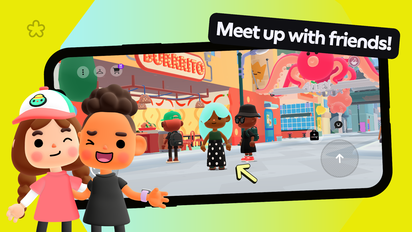 This image shows a screenshot on a phone with gameplay from the game Toca Boca Days and highlights that it is a great game to Meet up with friends. A group of characters are hanging out outside a colorful Burrito restaurant. There looks to be a large octopus statue/decoration with the words "alley" in the background. It looks like it is a city setting. There is a small banner above the mobile device with the words "Meet up with Friends!". There are two additional characters in the foreground of the image with their arms around each other. Both are winking and smiling.