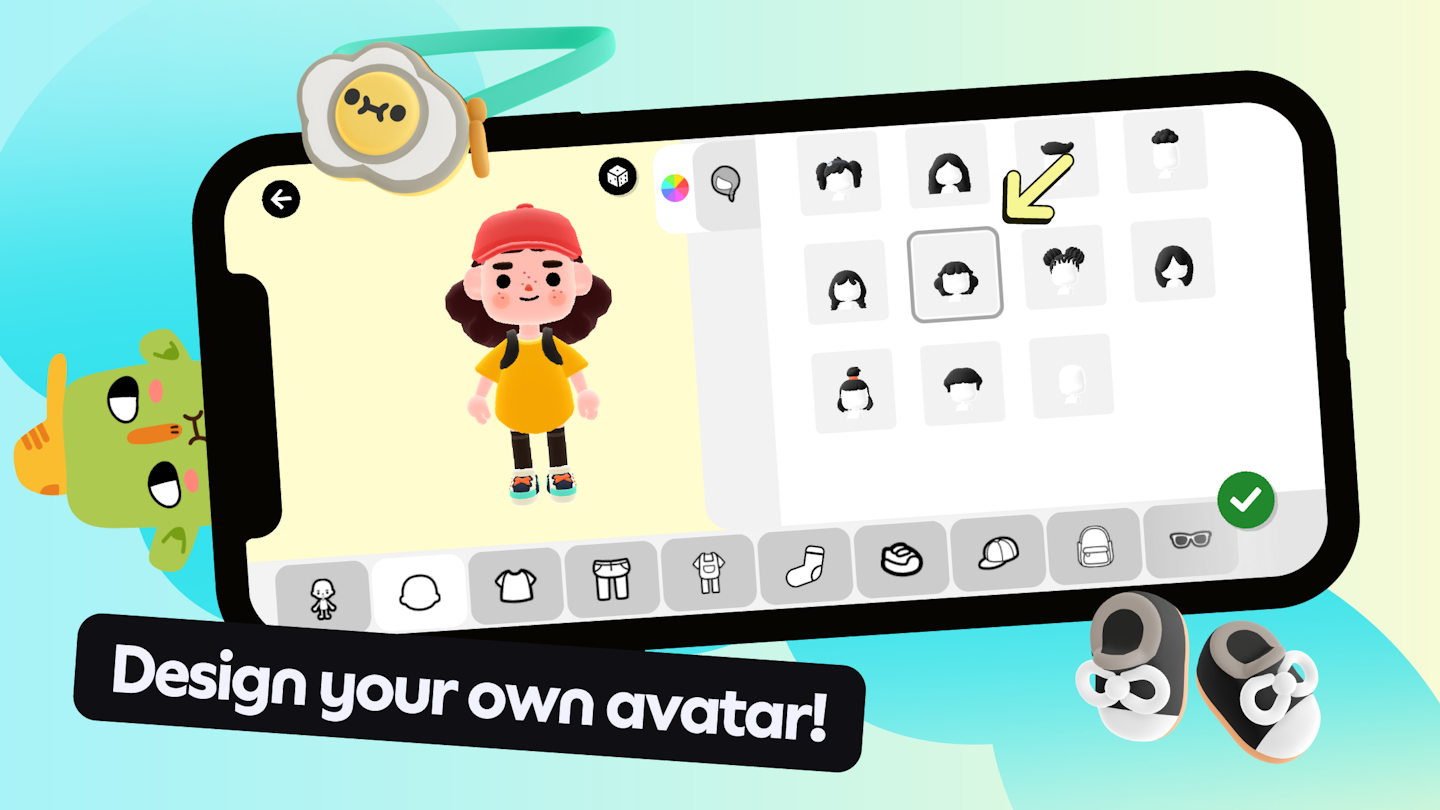 This is is an image showing a mobile phone with Toca Boca Days gameplay. We can see what looks to be the character creator function and there are a number of options for choosing a hairstyle. and the words "Design your own avatar!" are in a banner above the phone. There are some 3D game items around the phone and some sort of monster looking character peeking their head out from the left of the phone.