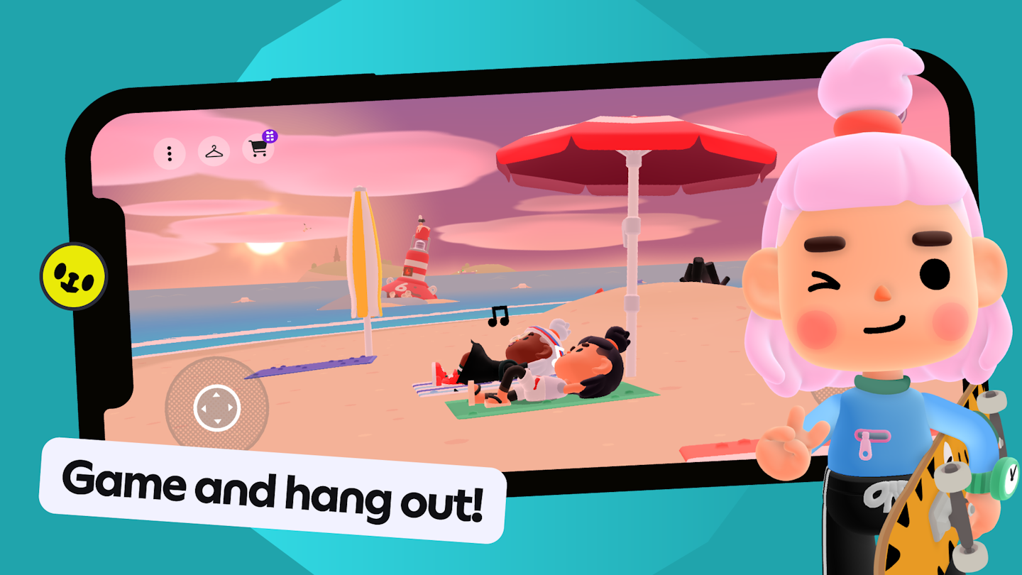 This is is an image showing a mobile phone with Toca Boca Days gameplay. There are two characters lying down on beach towels and enjoying a sunset and the words "Game and hang out" are in a banner above the phone. There is a character in the foreground that is holding a skateboard, winking and pulling the peace sign