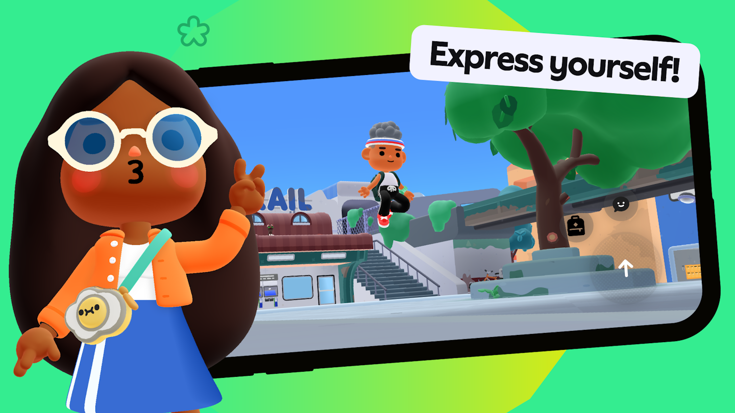 This is is an image showing a mobile phone with Toca Boca Days gameplay. There is a character jumping high in the air and striking a pose and the words "Express yourself" are in a banner above the phone. There is a character in the foreground that is holding their fingers up in a peace sign and blowing a kiss