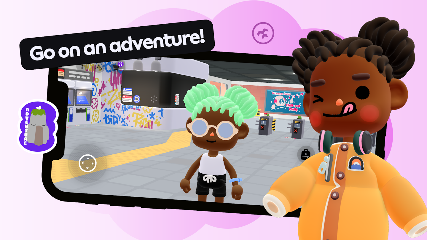 This is is an image showing a mobile phone with Toca Boca Days gameplay. There is a character standing in what looks to be a train station and the words "Go on an adventure" are in a banner above the phone. There is a character in the foreground that has their tongue out of their mouth and is winking cheekily.
