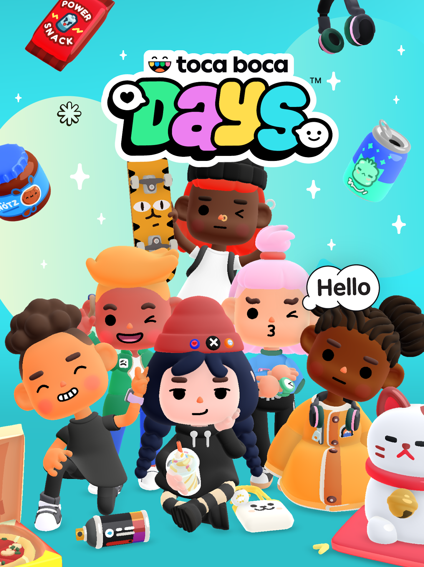 This is a portrait image of key art for the game Toca Boca Days. A group of 3D characters or avatars from the game are posing for a photo in a pyramid type cluster. They are dressed casual street cool and are pulling a variety of expressions and gestures: smiling, winking, blowing kisses and smirking. There is a speech bubble with the word "hello" coming from one of the characters. There are a number of 3D items around the image, snacks and food items as well as a pizza on the floor and a kawaii inspired cat statue to the right of the image. The Toca Boca Days game logo is in the top 3rd of the image. The words "Toca Boca" are in black text with the Toca Boca studio logo to the left, whereas the word "Days" has vibrant stacked lettering and with social bubbles with emojis to either side.