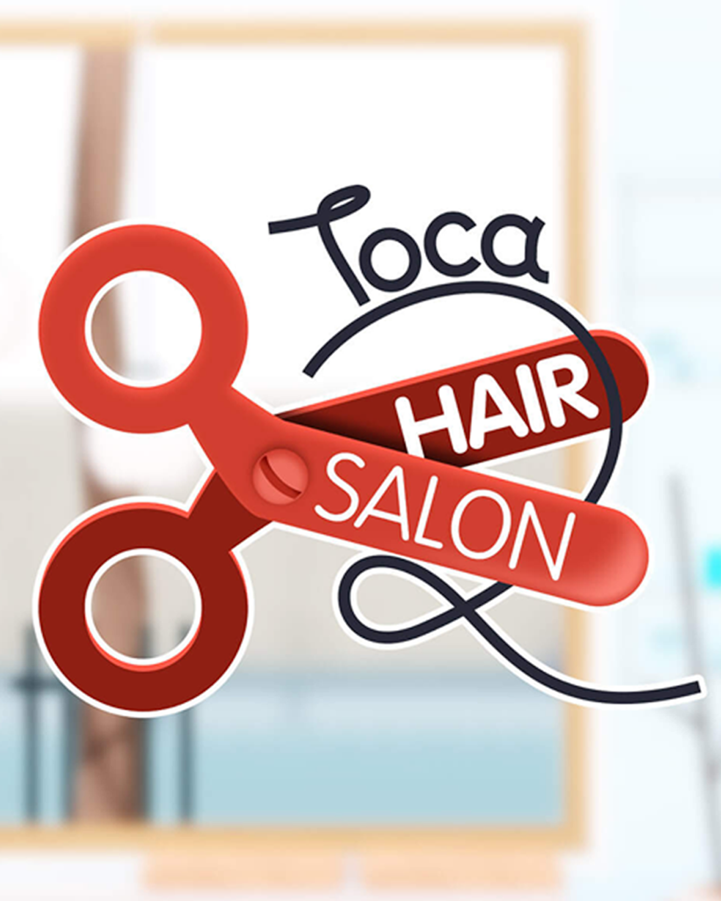 This is a zoomed in image of key art for Toca Hair Salon 2. The background image is out of focus but looks like a hair salon. The Toca Hair Salon 2 logo is in the middle of the image and some words are on a large pair of red scissors