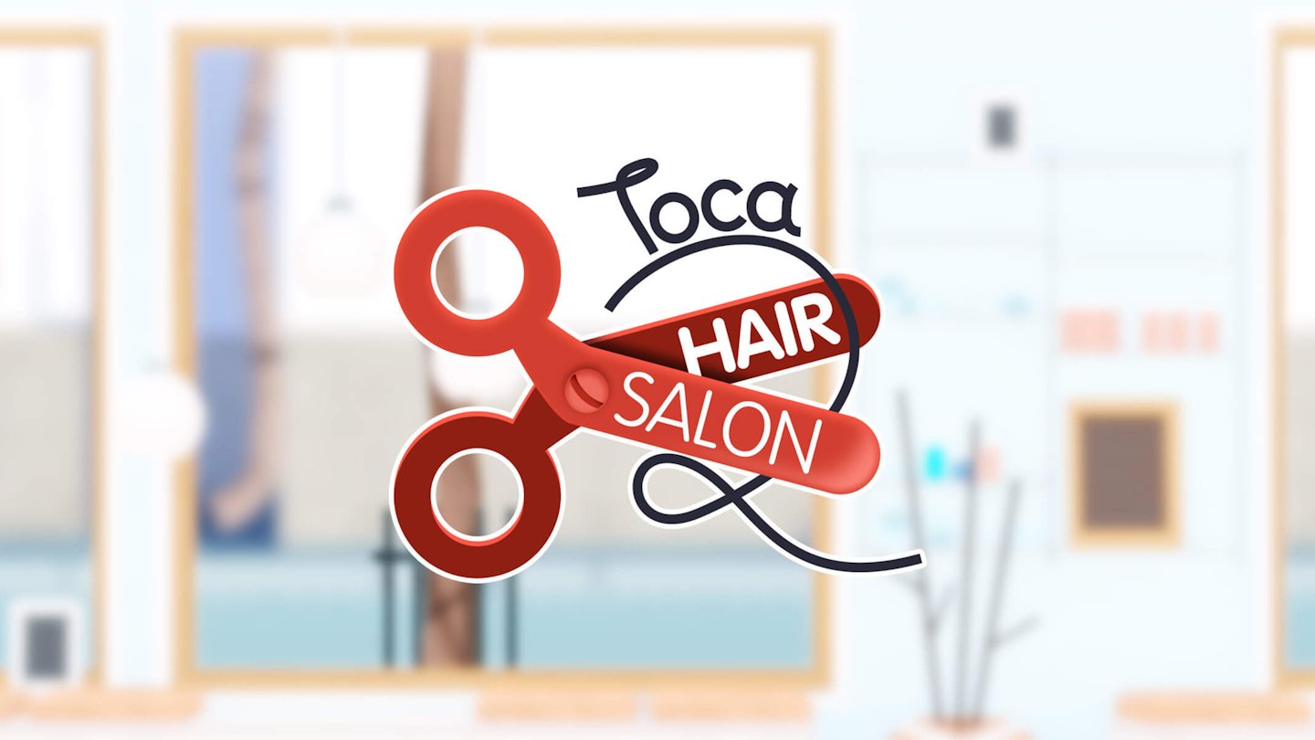 This is an image of key art for Toca Hair Salon 2. The background image is out of focus but looks like a hair salon. The Toca Hair Salon 2 logo is in the middle of the image and some words are on a large pair of red scissors