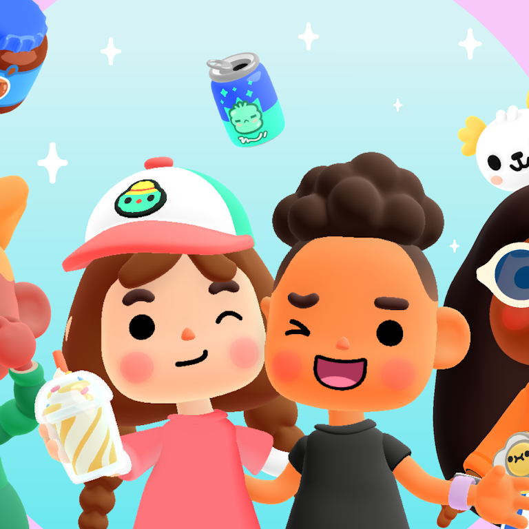 This is Key art for the game Toca Boca Days. We see four characters or avatars from the game. Two in the middle of the image are winking and have their arms around each other, the one to the far right is holding up a peach sign and appears to be blowing a kiss, the one to the far left has their hands on their face as if shocked or amazed by something. There is a vibrant light pastel green and purple background with some stars and there are 3D game images of a can of spraypaint, jar of spread called nötz, can of drink and skateboard. A small crumpet is poking out from the top of the character to the right.