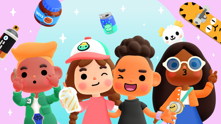 This is Key art for the game Toca Boca Days. We see four characters or avatars from the game. Two in the middle of the image are winking and have their arms around each other, the one to the far right is holding up a peach sign and appears to be blowing a kiss, the one to the far left has their hands on their face as if shocked or amazed by something. There is a vibrant light pastel green and purple background with some stars and there are 3D game images of a can of spraypaint, jar of spread called nötz, can of drink and skateboard. A small crumpet is poking out from the top of the character to the right.
