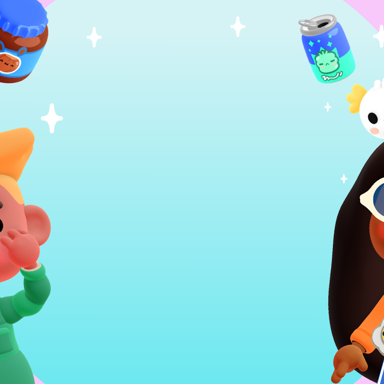 This is an image of part of the key art for Toca Boca Days with brightly coloured and dressed characters with sparkles. The characters featured look to be posing for a photo and the one to the right is doing the peace sign and pursing their lips as if blowing kiss. The characters are also surrounded by various 3D items: a spraycan, jar of some spread, can of soft drink and a skateboard. One of the crumpets a popular series of fantasy characters from the Toca Boca universe are behind the head of the character on the right.