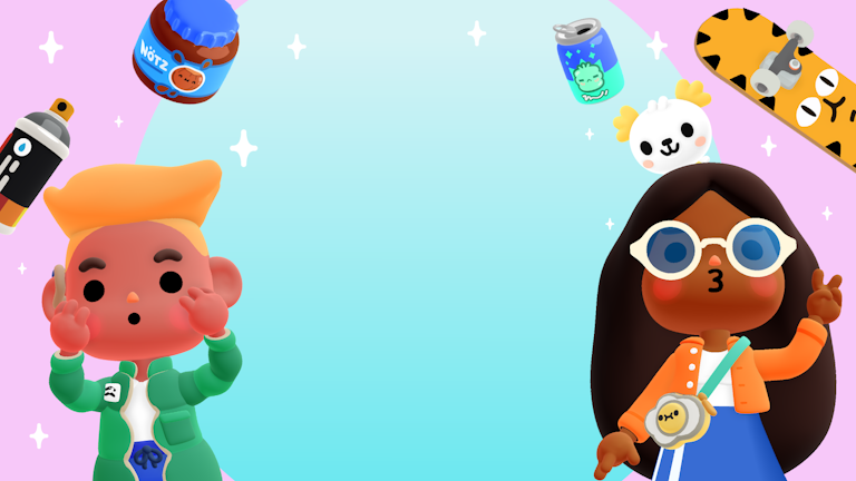 This is an image of part of the key art for Toca Boca Days with brightly coloured and dressed characters with sparkles. The characters featured look to be posing for a photo and the one to the right is doing the peace sign and pursing their lips as if blowing kiss. The characters are also surrounded by various 3D items: a spraycan, jar of some spread, can of soft drink and a skateboard. One of the crumpets a popular series of fantasy characters from the Toca Boca universe are behind the head of the character on the right.