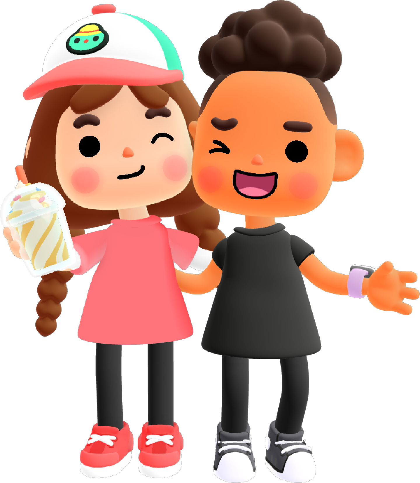 This is an image of two of the characters or avatars from Toca Boca Days. The character to the right has longer hair and is casually dressed in a red shirt and cool red and green cap with a red peak. They are holding what looks like a thickshake. The character to the right has a darker skin tone and is wearing an all black outfit with a purple watch. They have one arm around each other and are laughing and smiling. Both are winking at you but in their own style.