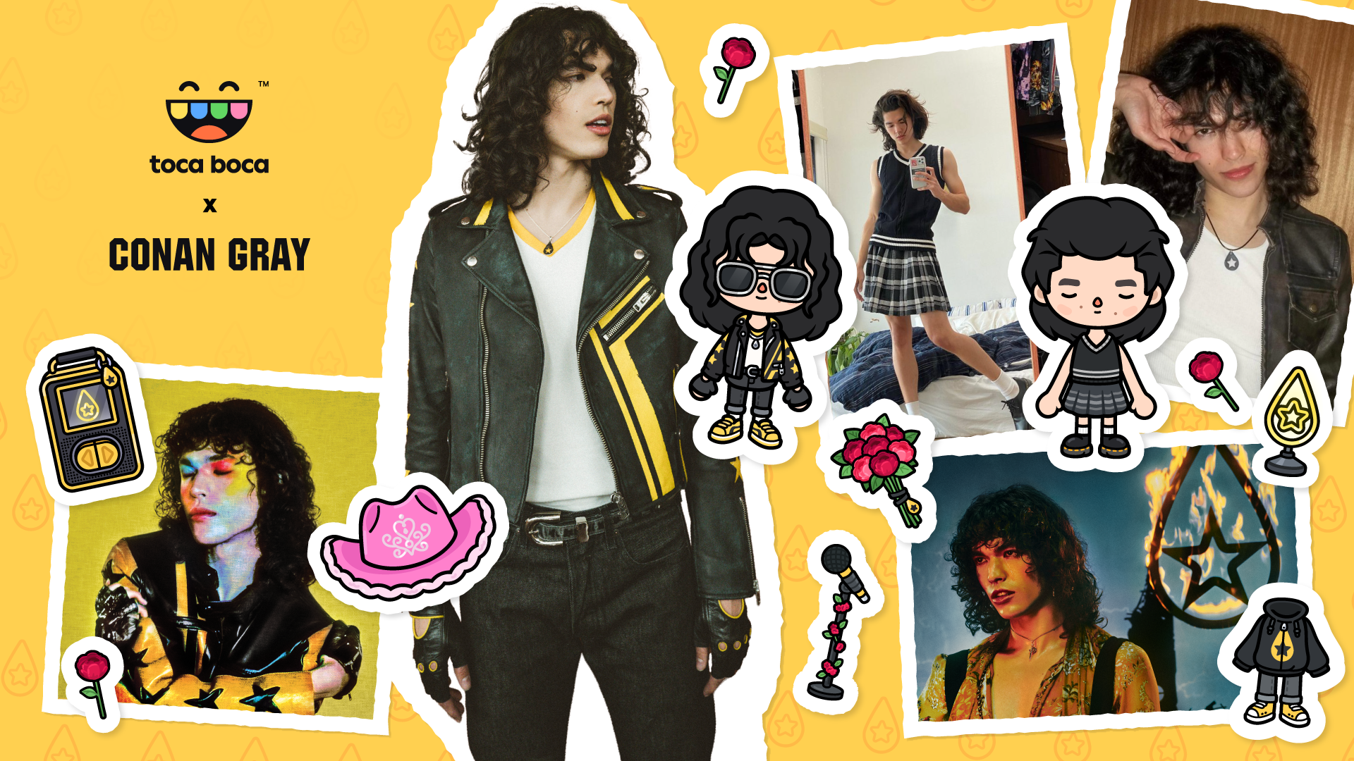 This is an collage of images of Conan Gray, highlighting his many looks and some items from the collaboration with Toca Boca
