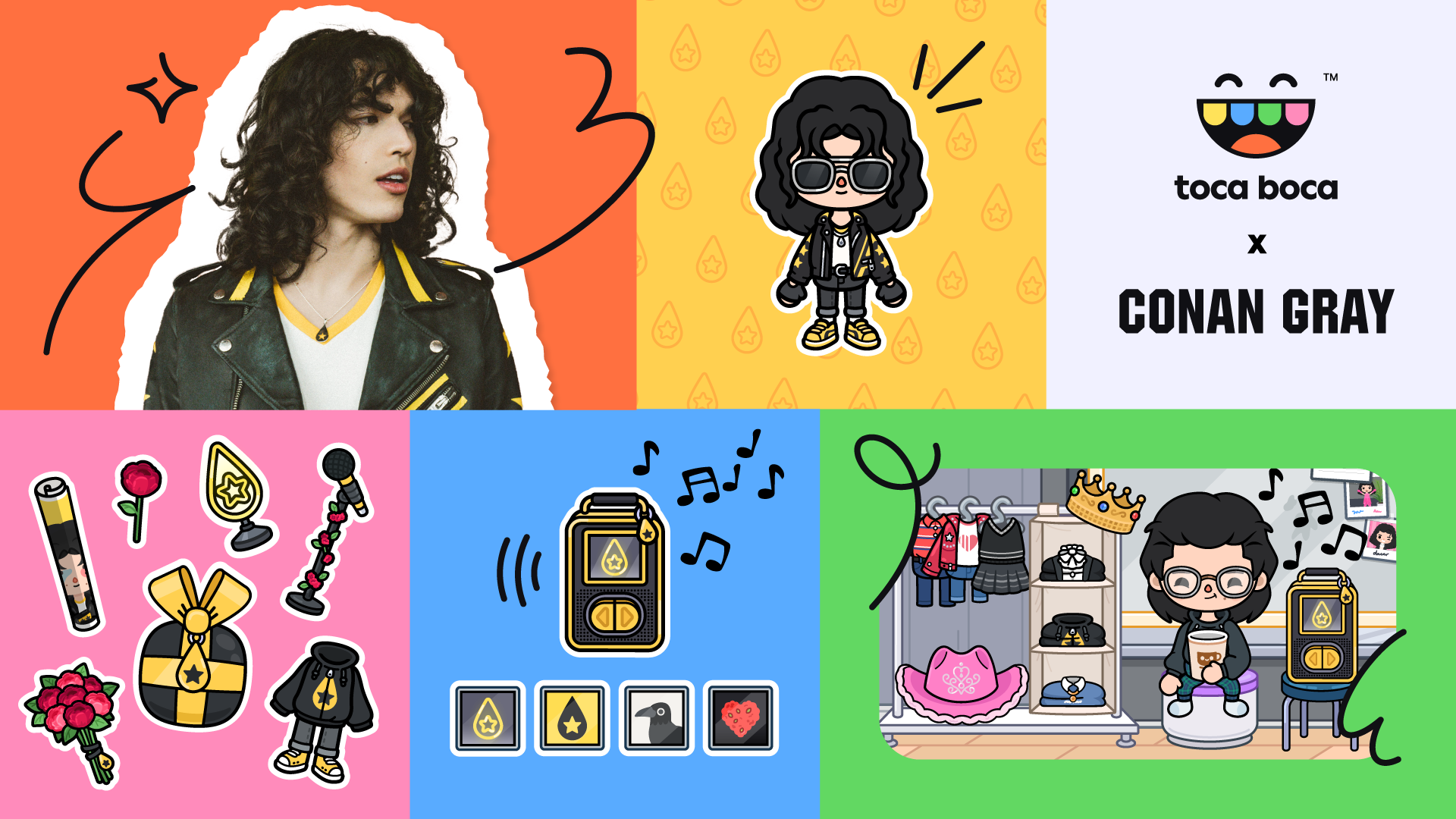 This is an image highlighting all the different activations that are part of the collaboration with Conan Gray. Including outfits, music player and being able to create the many looks of Conan Gray