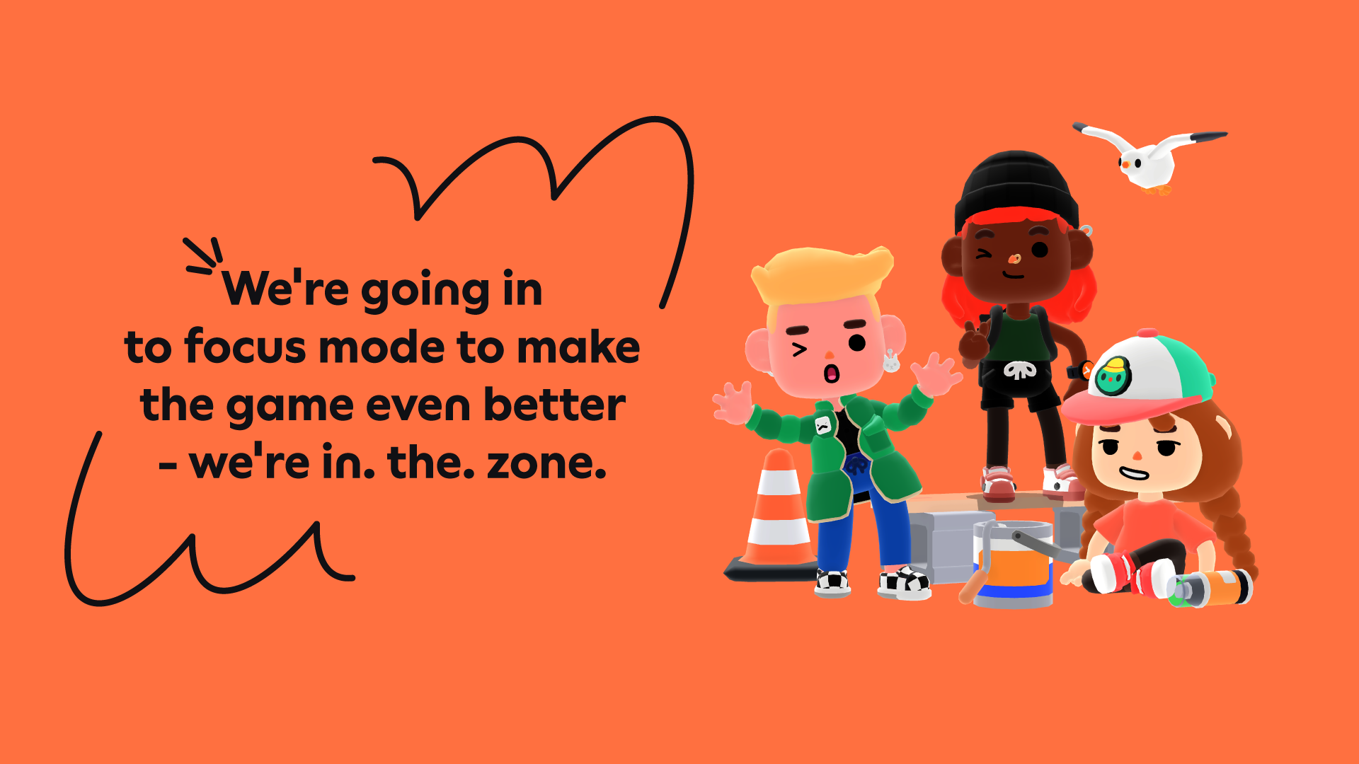 This is an image of Toca Boca Days characters with a quote advising that "we're going into focus mode"