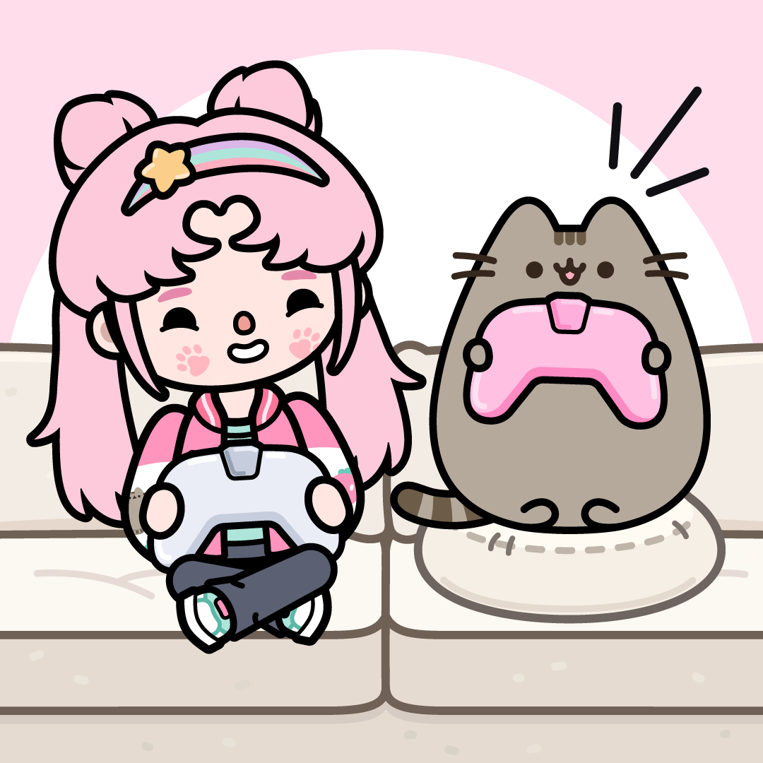 An image showing Pusheen holding a game controller sitting next to a character from Toca Boca World