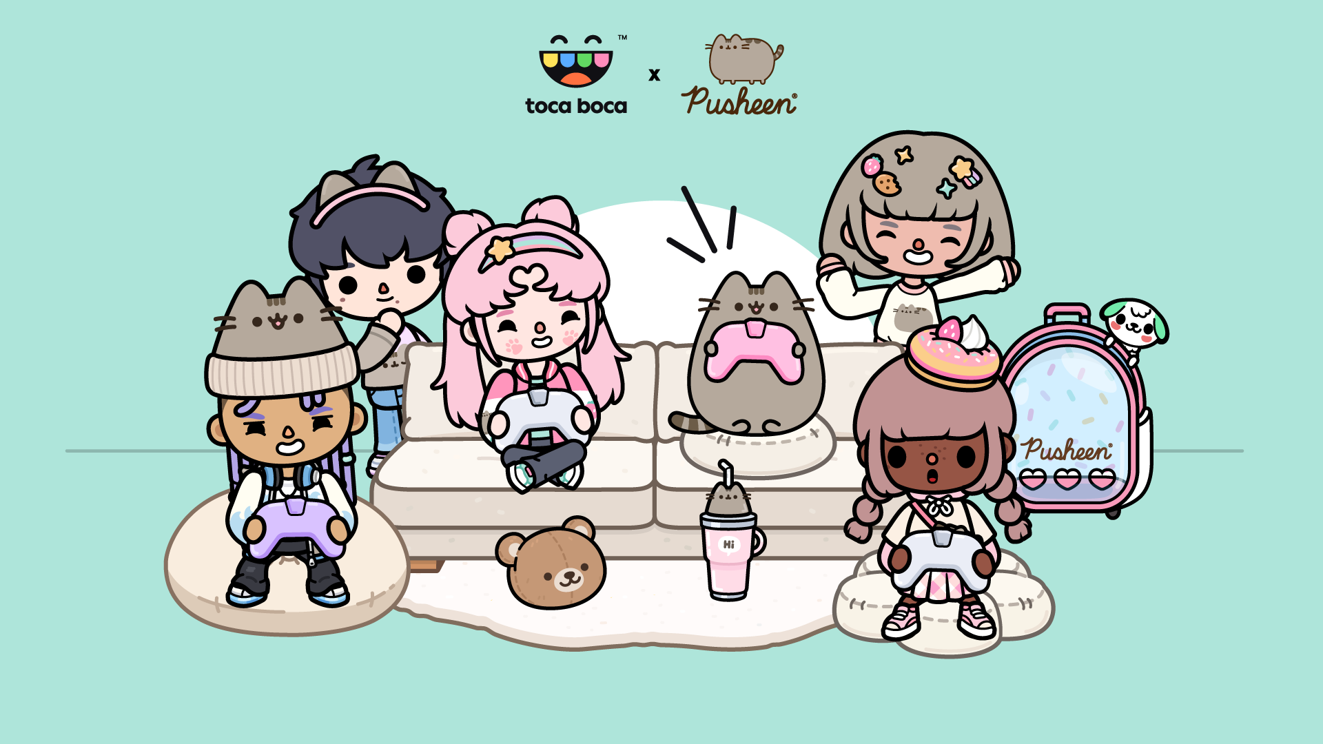 Image of Pusheen and Toca Boca World characters sitting on a couch playing video games