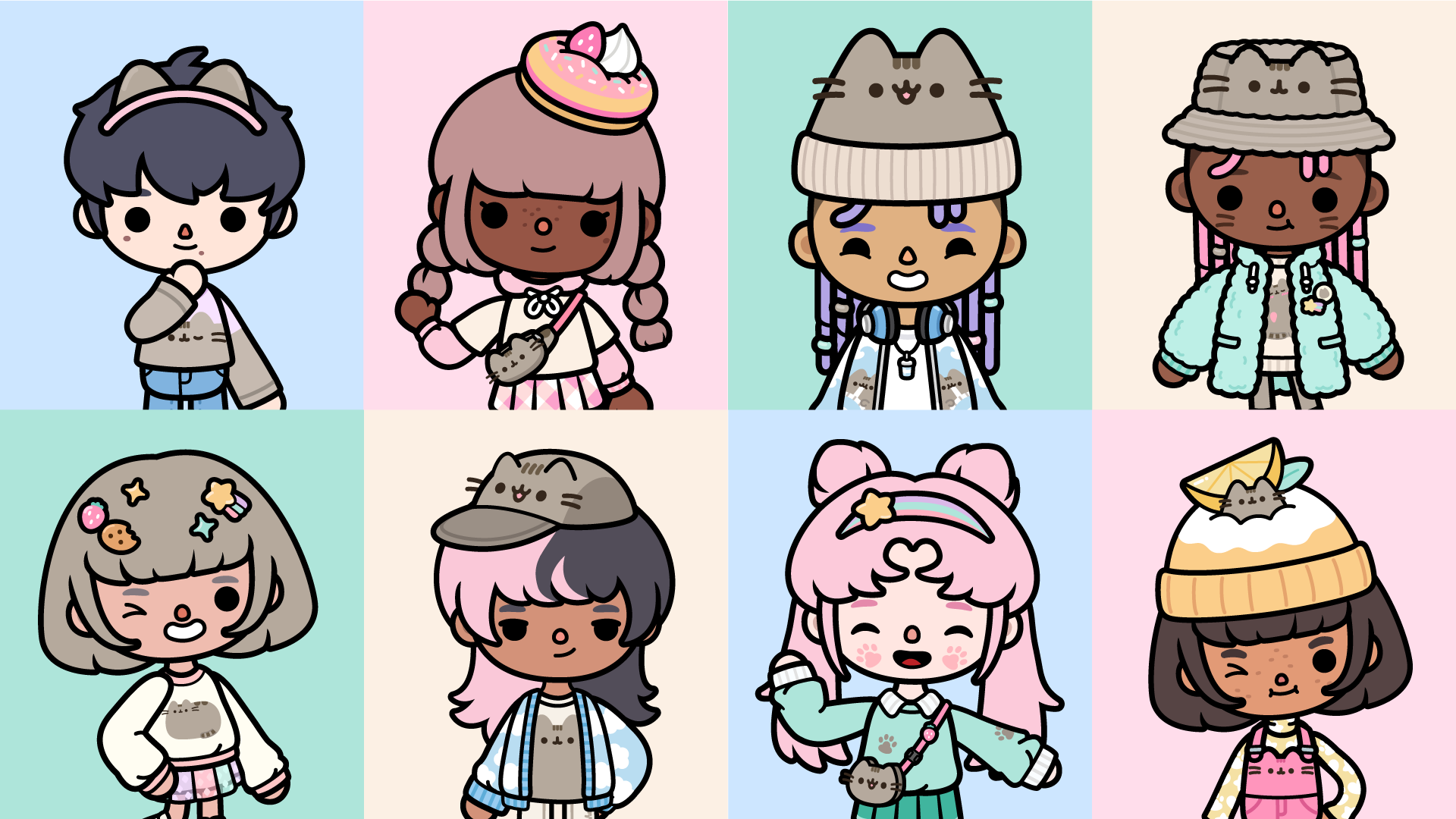 Image showcasing Toca Boca World characters wearing clothing items from the Pusheen collaboration