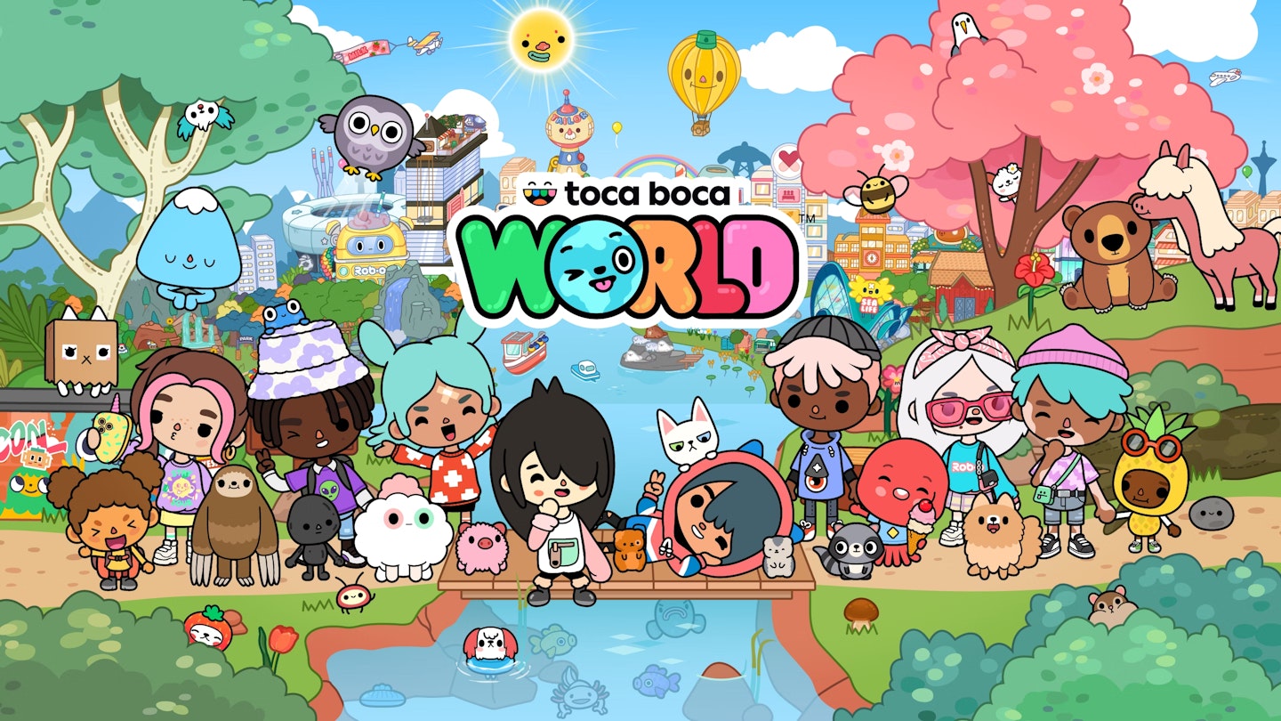 This is the key art for Toca Boca World. Many of the characters from the game are standing standing on a bridge over a calm river which is flowing down from Bop City. We see many crumpets and fantasy characters hiding in various locations and some animals on the banks of the river. The logo for Toca Boca World can be seen in the top middle third of the image.