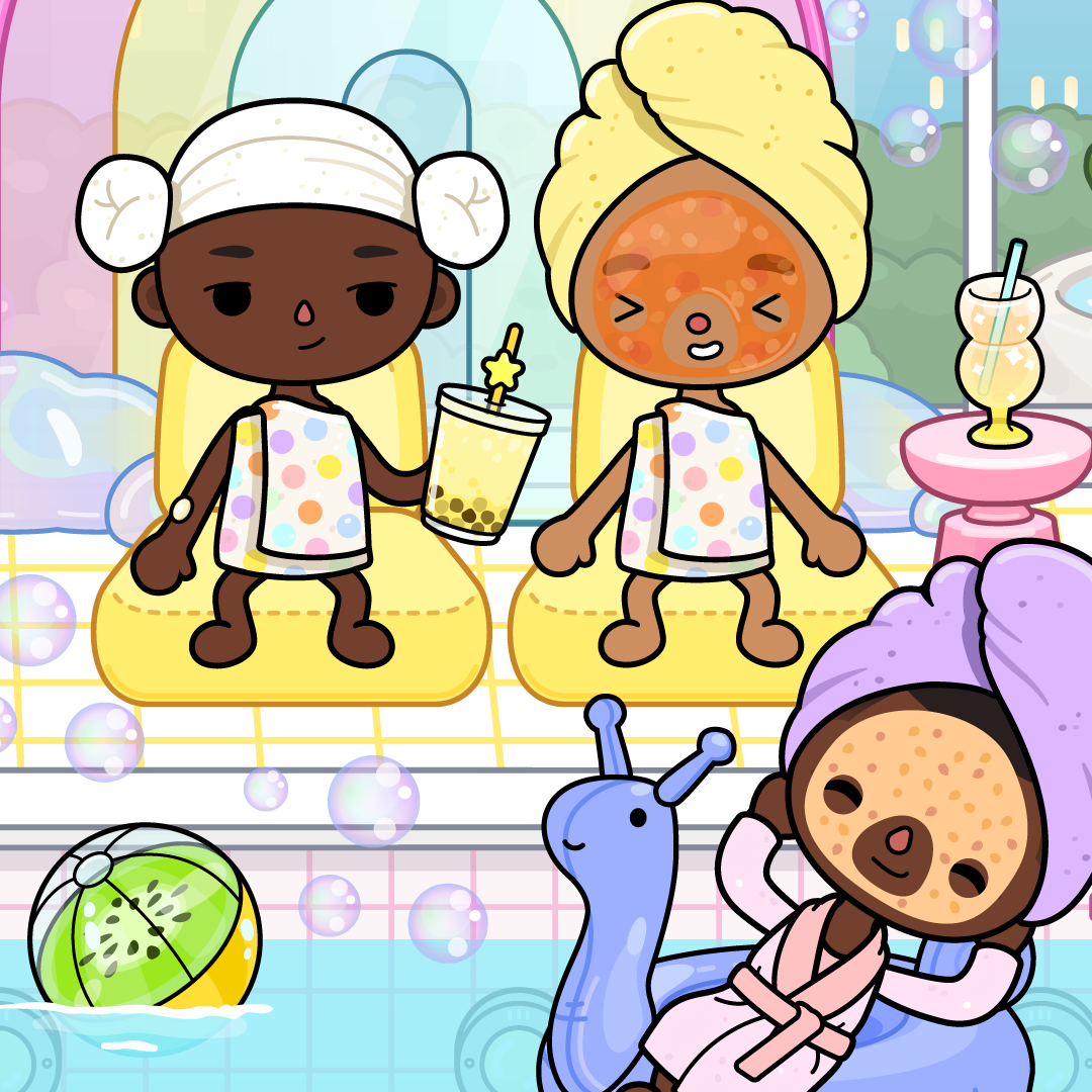 This is an image of Toca Boca World characters sitting in a relaxed spa