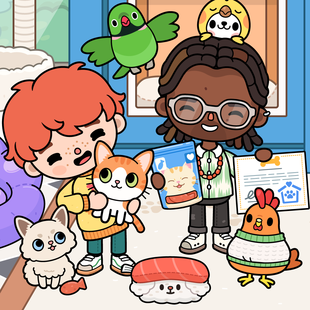 This is an image of two characters surrounded by pets in the Fluffy Friends Adoption Centre