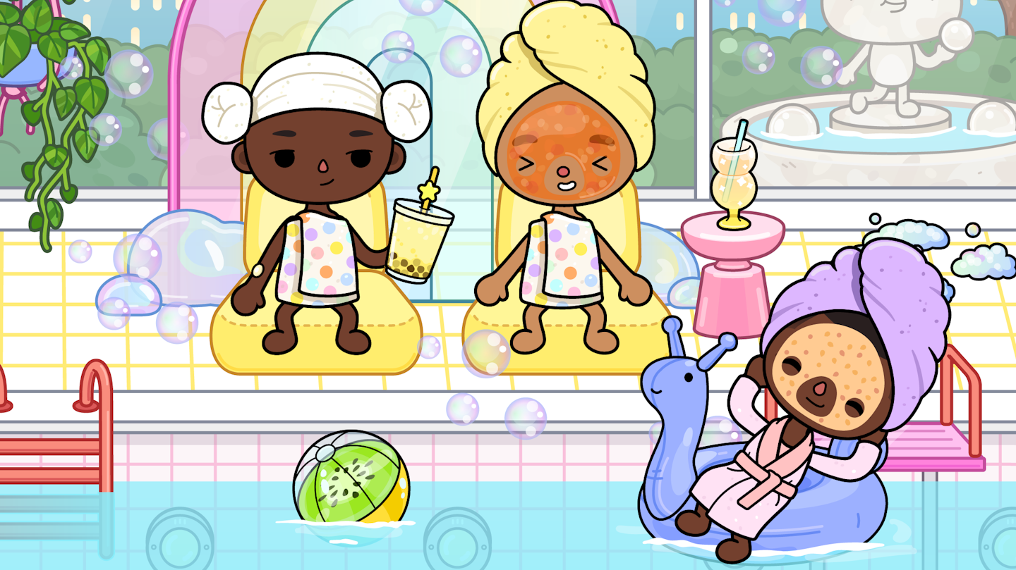 This is an image of characters relaxing in the Bubble Bop Spa