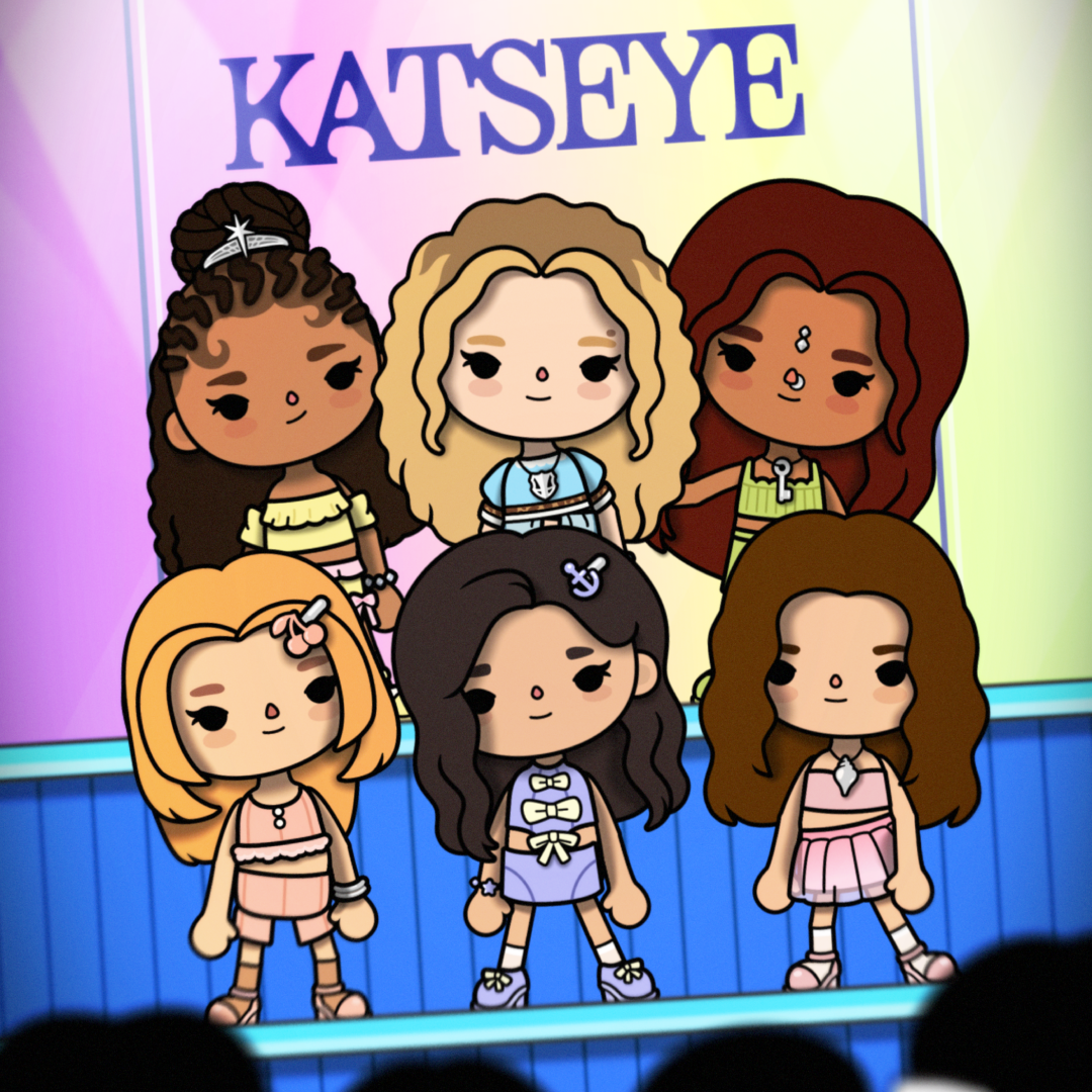 This is an image of Katseye standing on a stage in Toca Boca World
