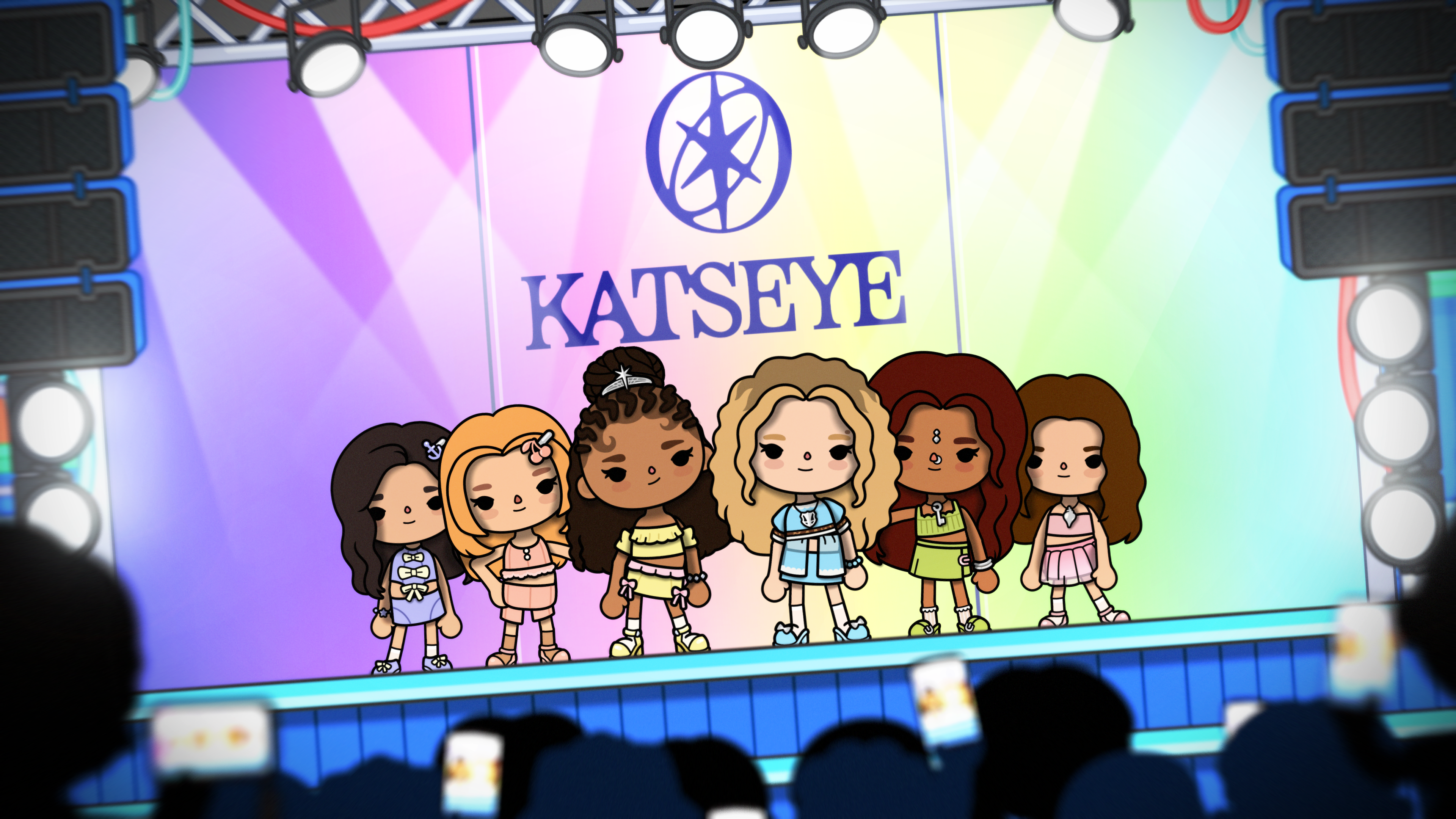 This is an image of the group Katseye standing on stage in Toca Boca World