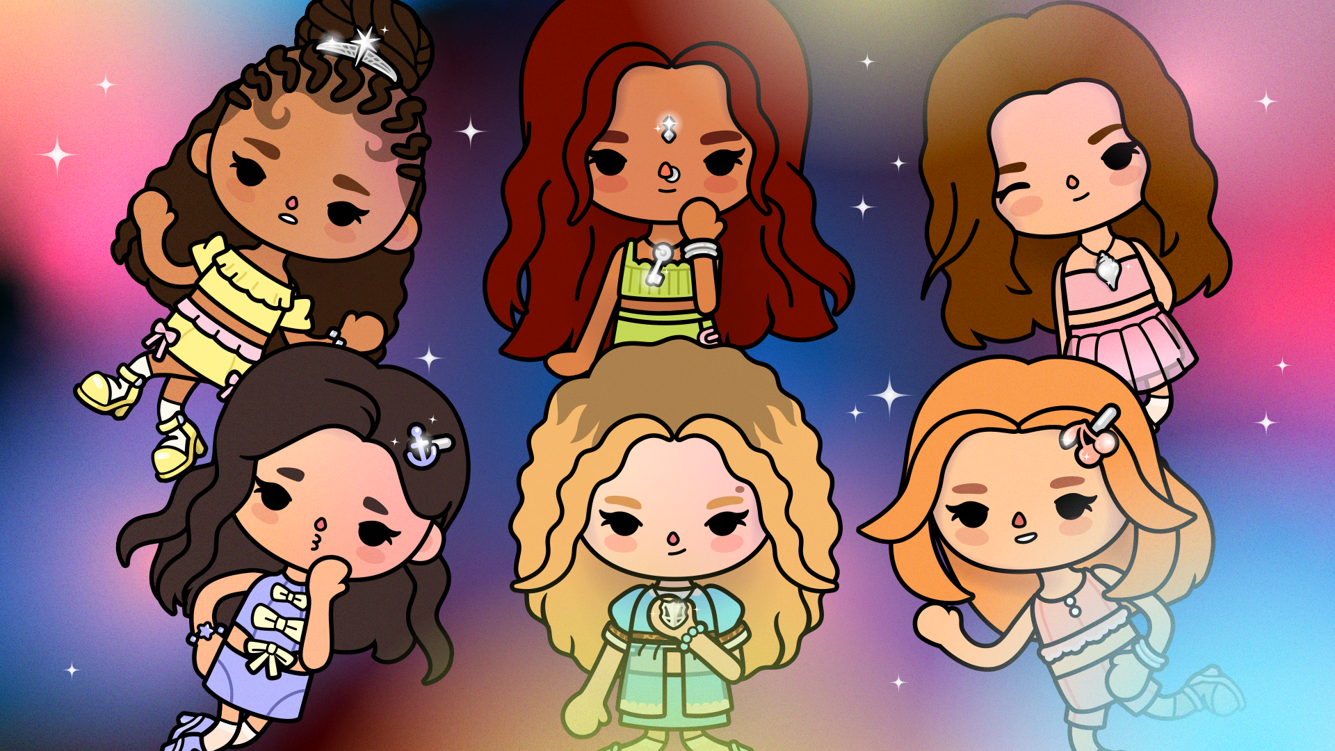 This is an image of Katseye as characters in Toca Boca World floating on a colorful starry background