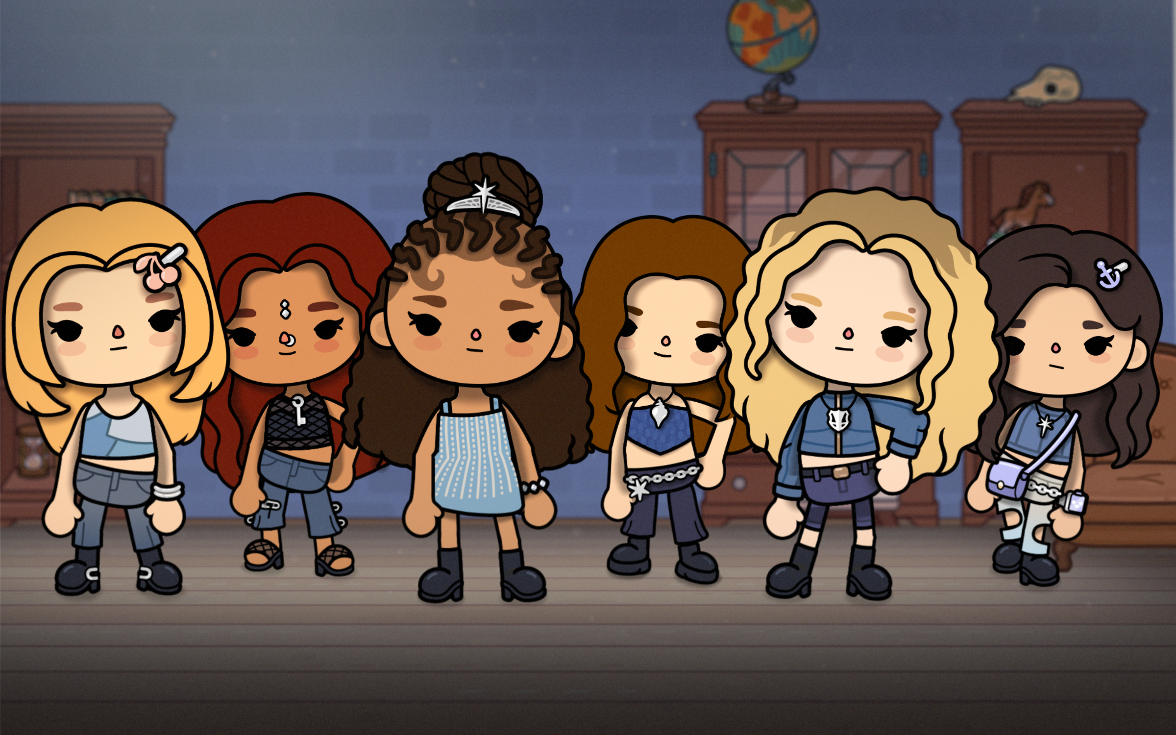 This is an image of the KATSEYE group in Toca Boca looking cool in their evening clothes