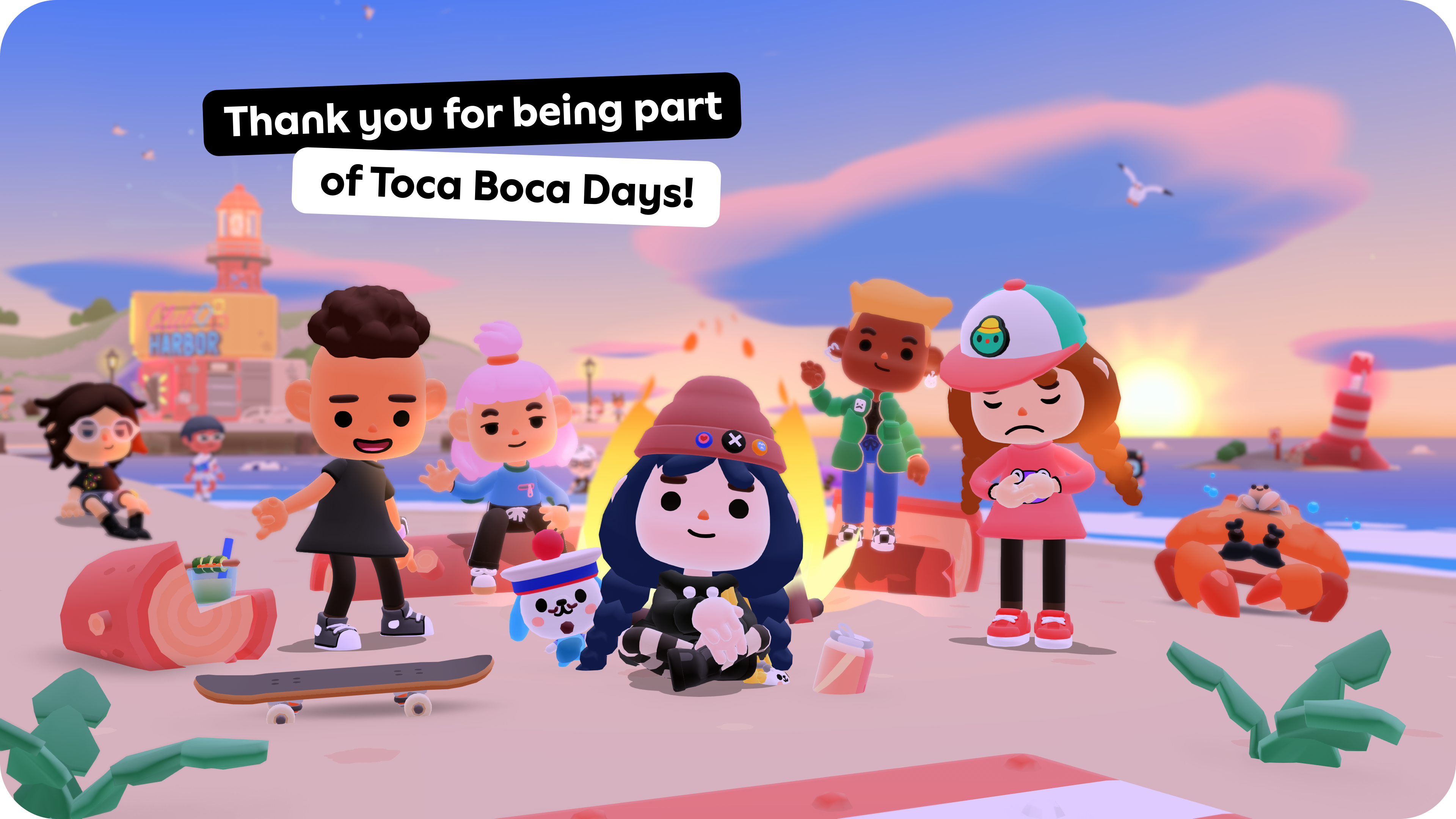 Image with caption "Thank you for being part of Toca Boca Days" along with in-game characters on a beach