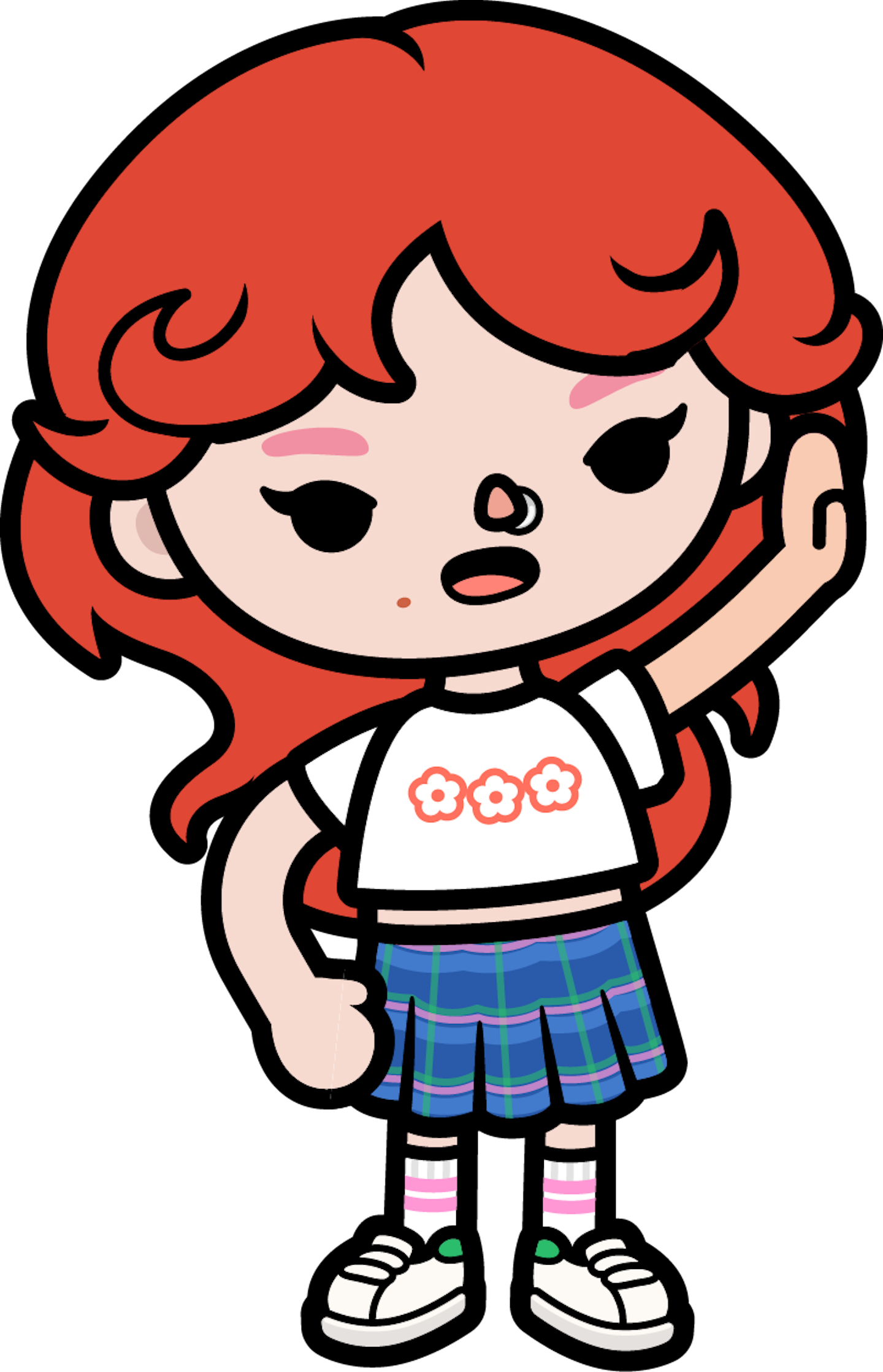 Girl with read hair and nose piercing doing a high five