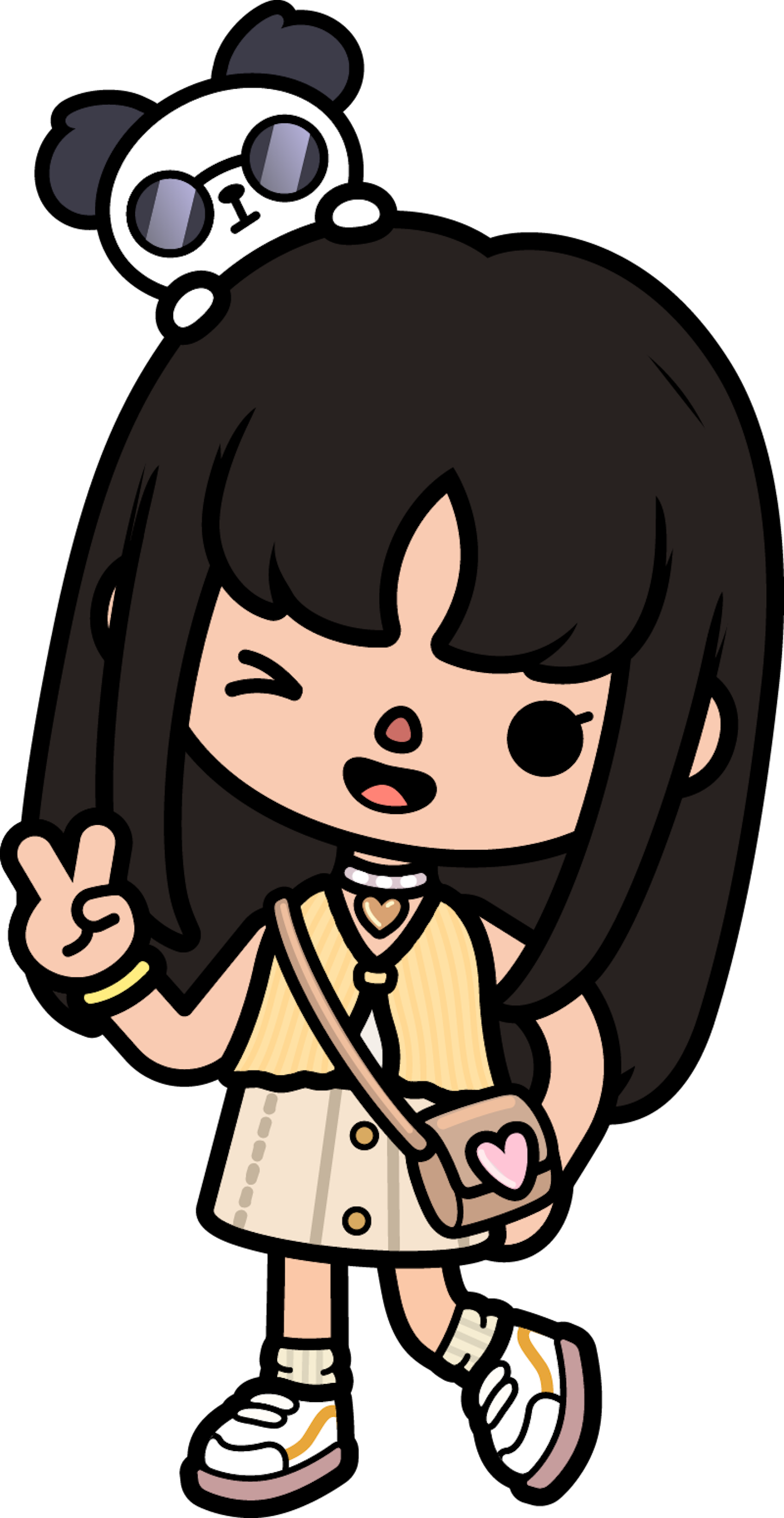 A girl with dark hair and yellow clothes doing a peace sign and has a teddy on her head