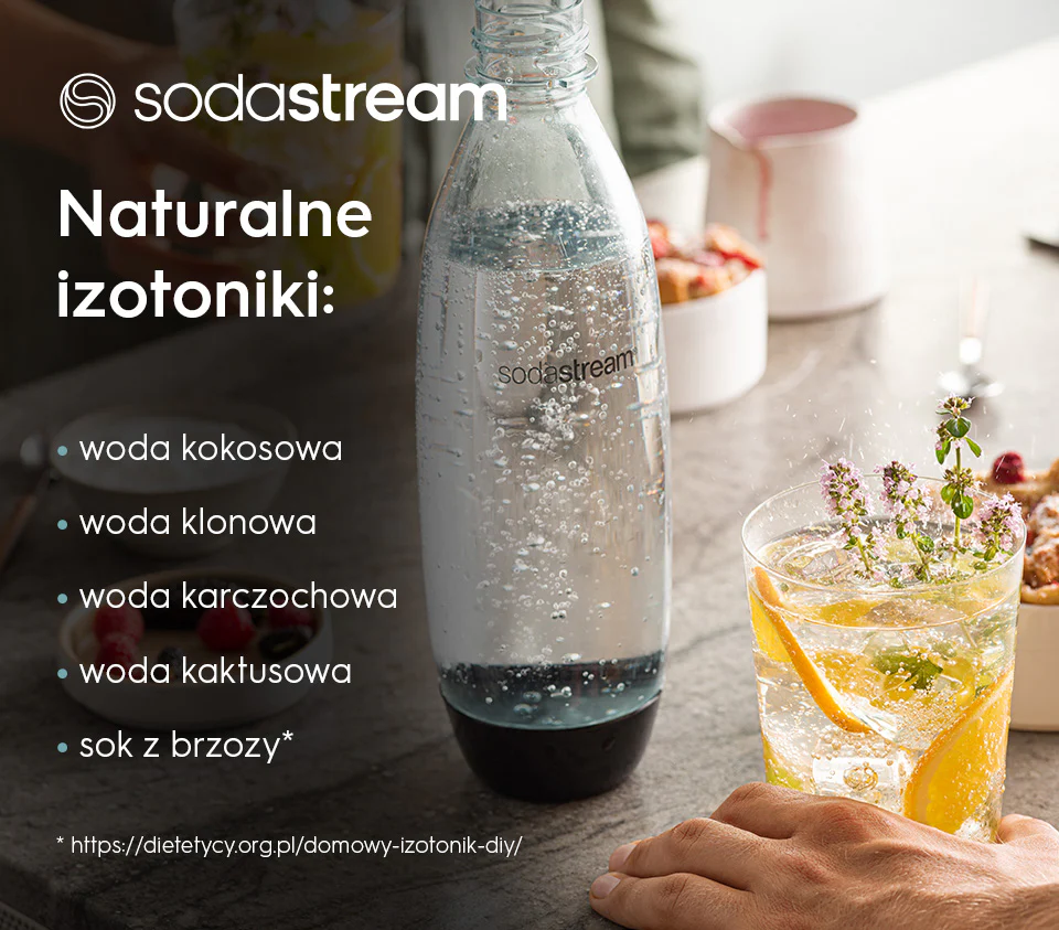 Infografika - Jakie są naturalne izotoniki do nawadniania organizmu? W tle butelka wody gazowanej SodaStream i szklanka wody z cytryną
