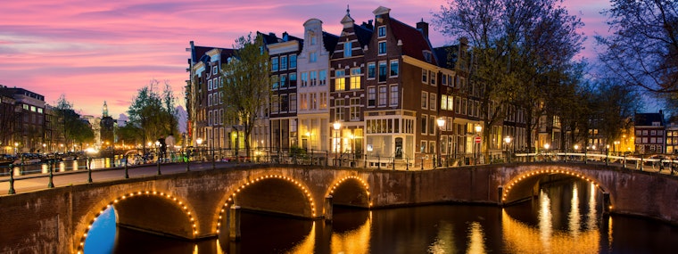 Night view of Amsterdam's famous Dutch houses