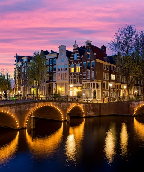 Night view of Amsterdam's famous Dutch houses