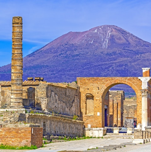 View of Mount Vesuvius from some ruins of buildings in Naples