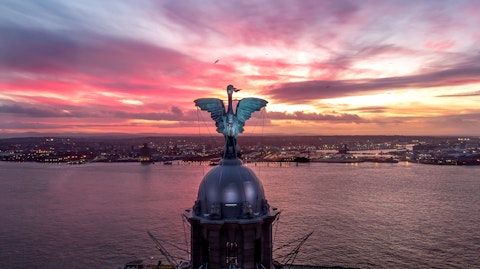 Image at sunset of the Liver Bird sculpture on top of the Liver Building in Liverpool, United Kingdom