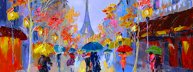 A colourful oil painting of Parisian people and the Eiffel Tower