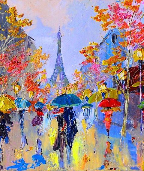 A colourful oil painting of Parisian people and the Eiffel Tower