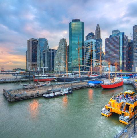 View of South Street Seaport on a cloudy day in New York