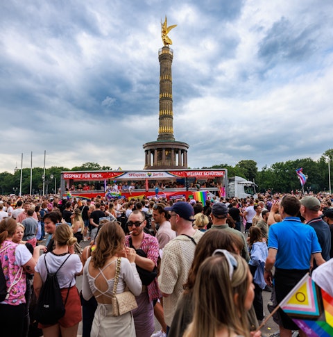 Music truck at Christopher Street Day in Berlin 2023 near the Victory Column