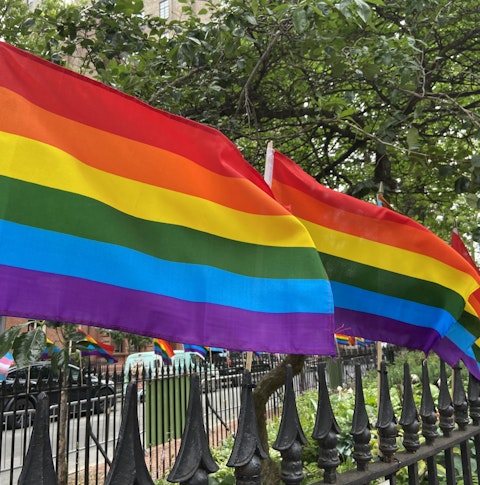 Row of Pride & Trans flags on the fence of the Stonewall National Monument during Pride Month in New York City
