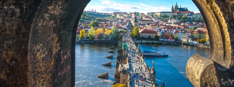 View of Charles Bridge from high overlooking the Vltava River
