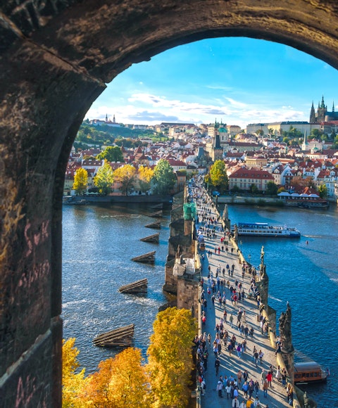 View of Charles Bridge from high overlooking the Vltava River