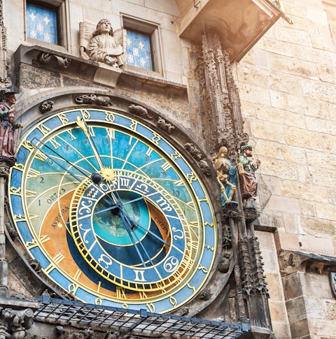 View of colourful clock face on Prague's old astronomical clock