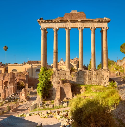 Panoramic image of Roman Forum, or Forum of Caesar, in Rome, Italy, early in the morning