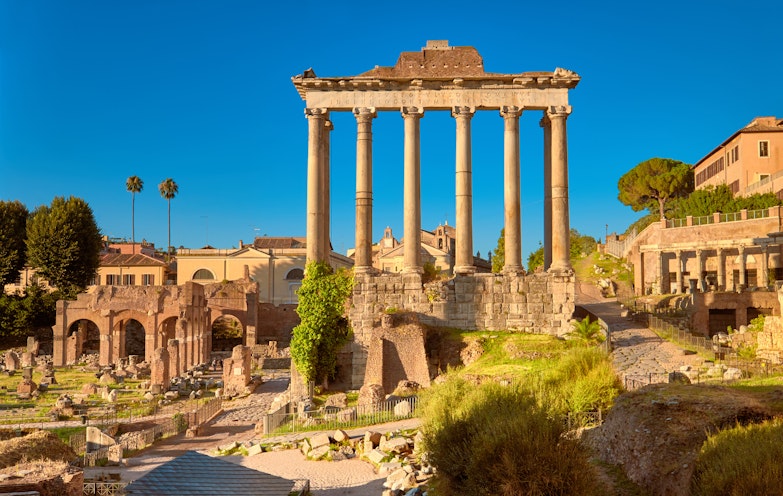 Panoramic image of Roman Forum, or Forum of Caesar, in Rome, Italy, early in the morning