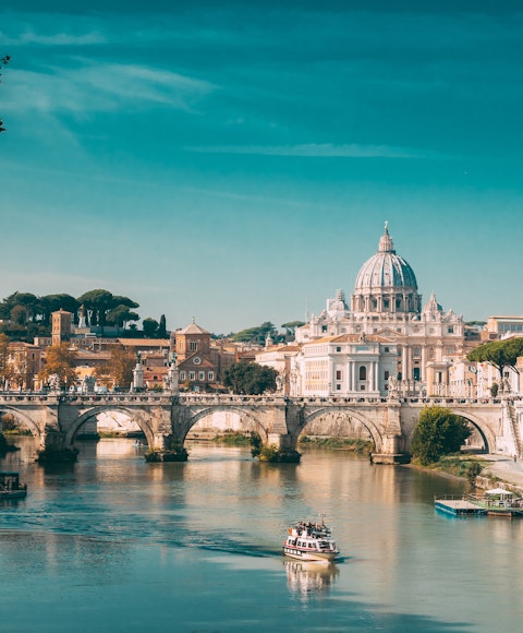 Papal Basilica Of St. Peter In The Vatican. Sightseeing Boat Floating Near Aelian Bridge