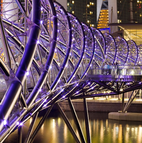 Double Helix Bridge, a pedestrian bridge linking Marina Centre with Marina South in the Marina Bay area in Singapore.