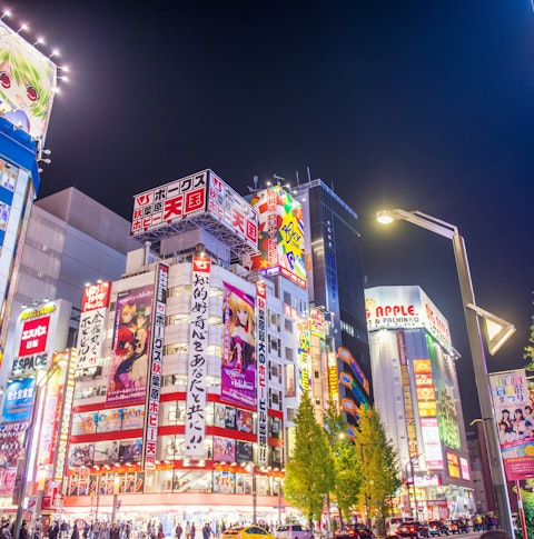 View of Akihabara at night featuring images of anime